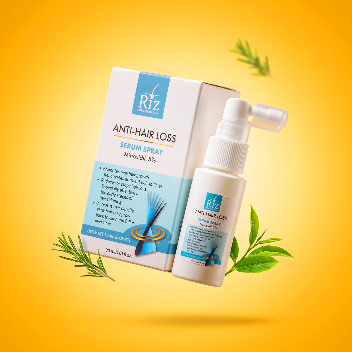 Riz Anti-Hair Loss Serum Spray ingredients and Minoxidil formula label