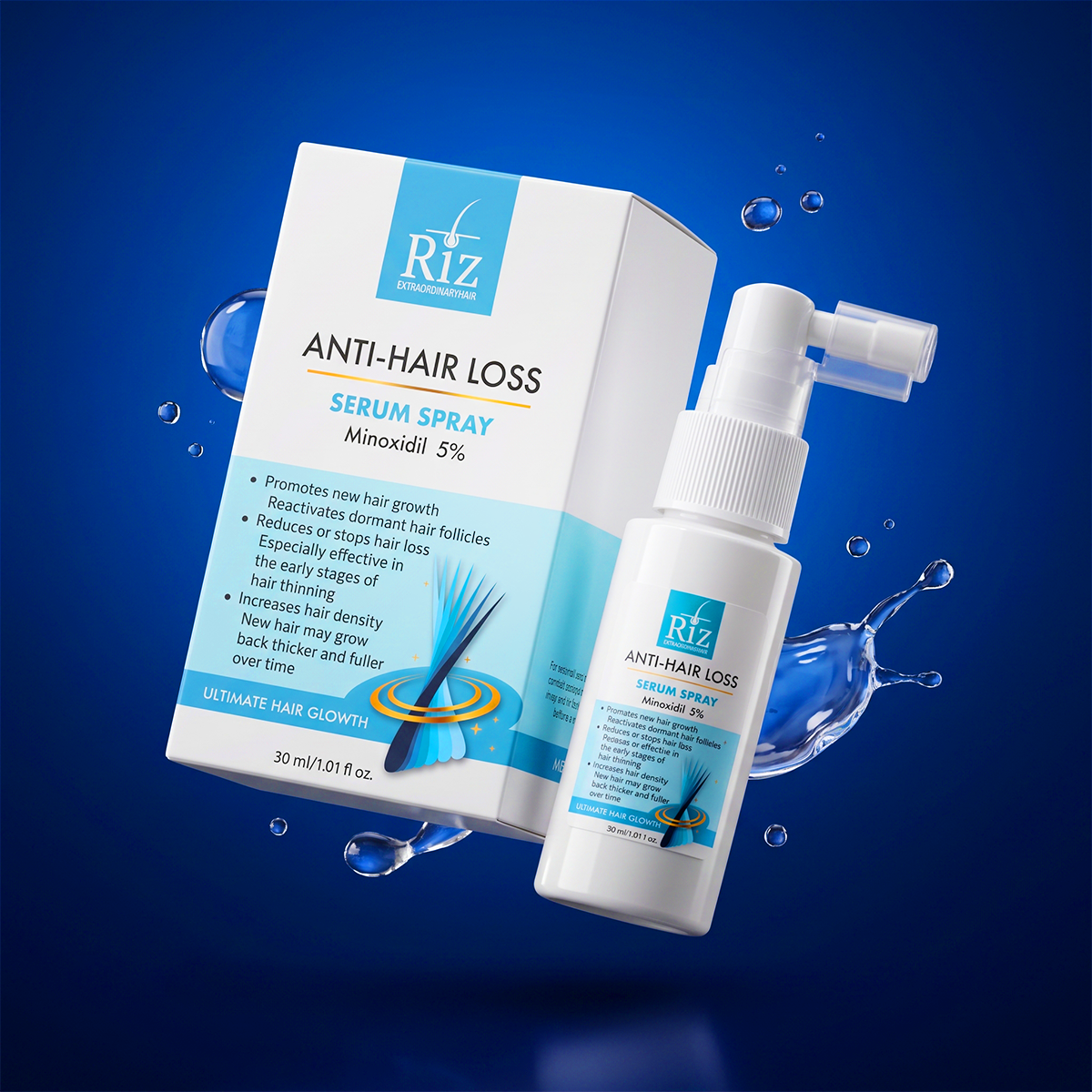 Riz Minoxidil hair serum spray how to use on scalp for hair regrowth